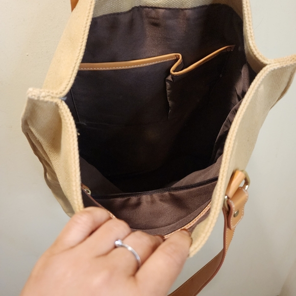 J. Mclaughlin Tan Canvas Tote Bag with Leather Straps - Picture 7 of 13